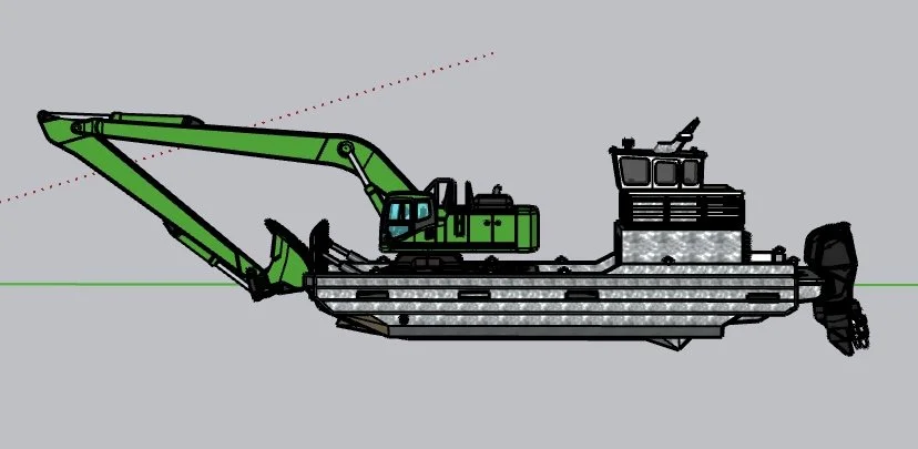 Illustration of a large green and black excavator on a gray background.