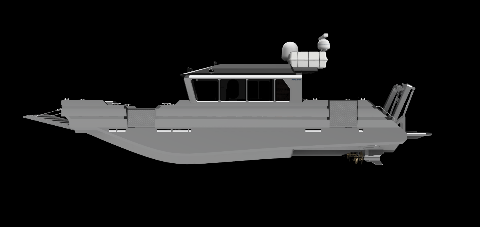 3D model of a gray military patrol boat with a raised helm and radar system on top, set against a black background.