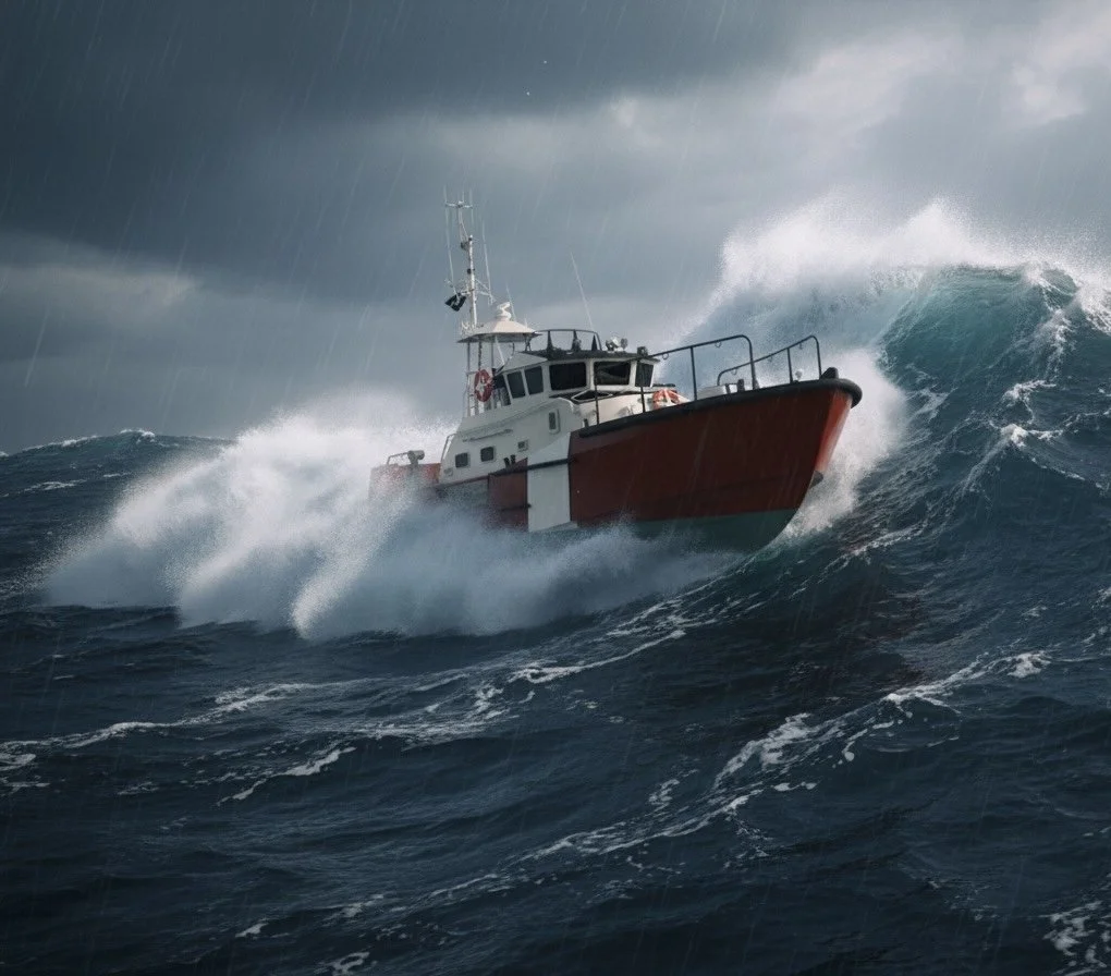 A boat navigating through rough ocean waters during a storm with dark clouds and rain.