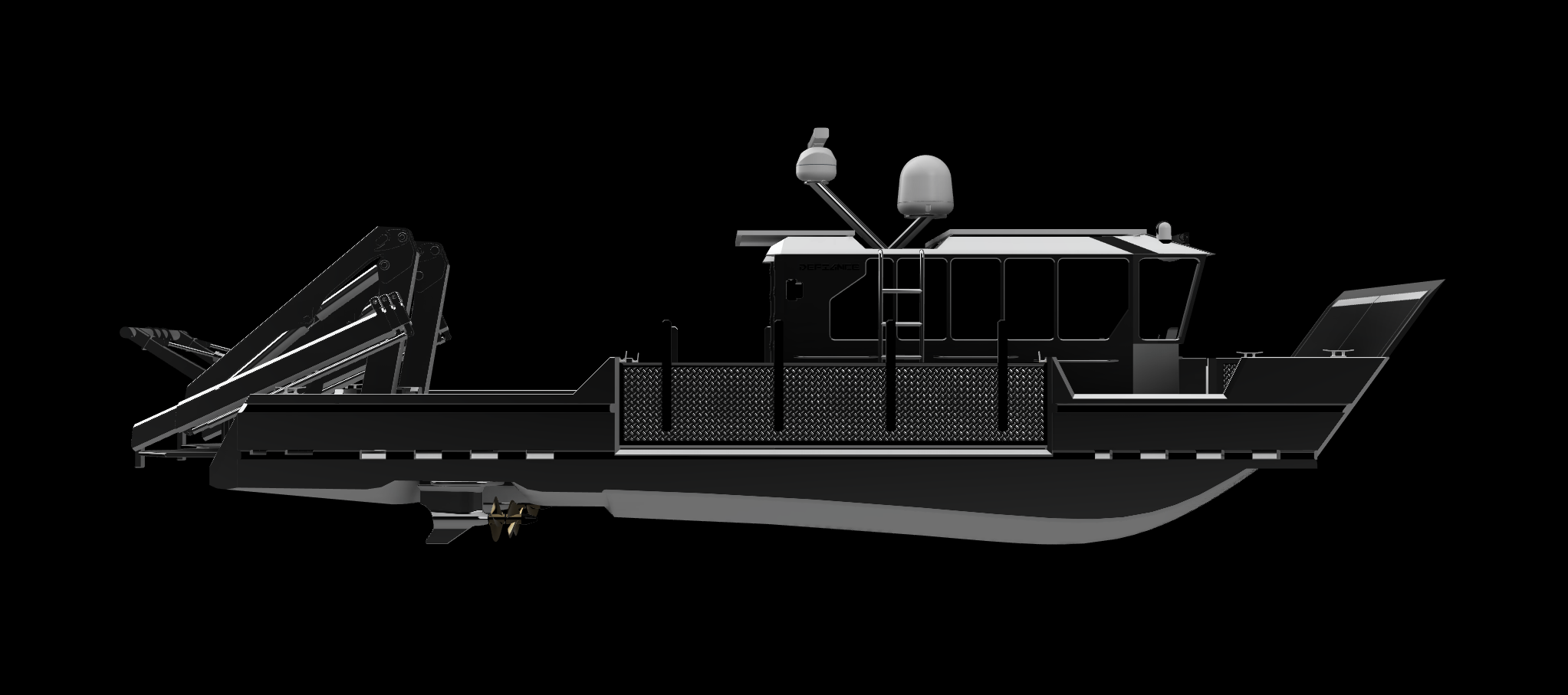 A sleek, modern black boat with a enclosed control cabin, radar and communication equipment, and a flat deck with railings, set against a black background.