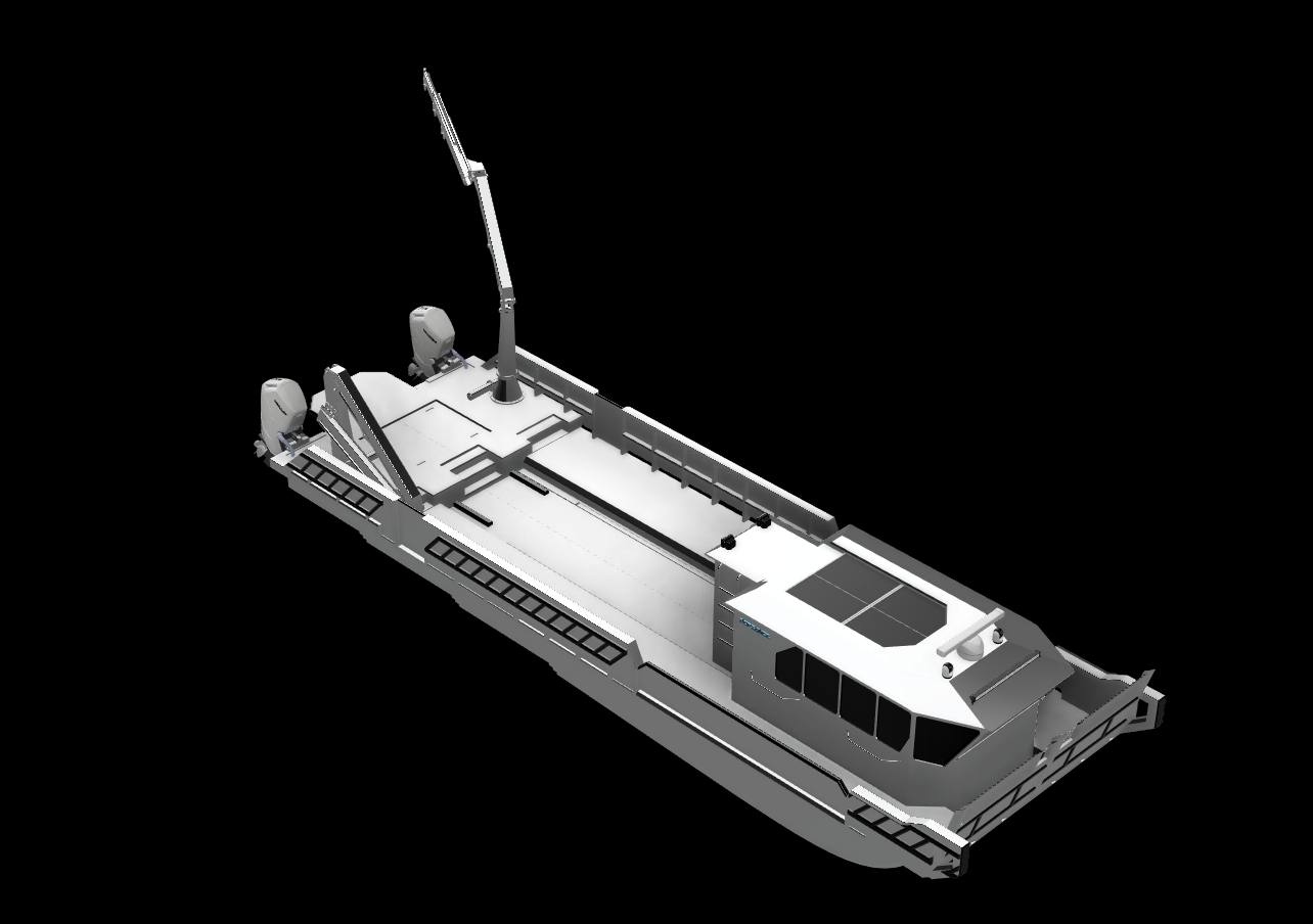 Rendering of a futuristic, white, unmanned cargo ship with a streamlined design and a crane arm, set against a black background.