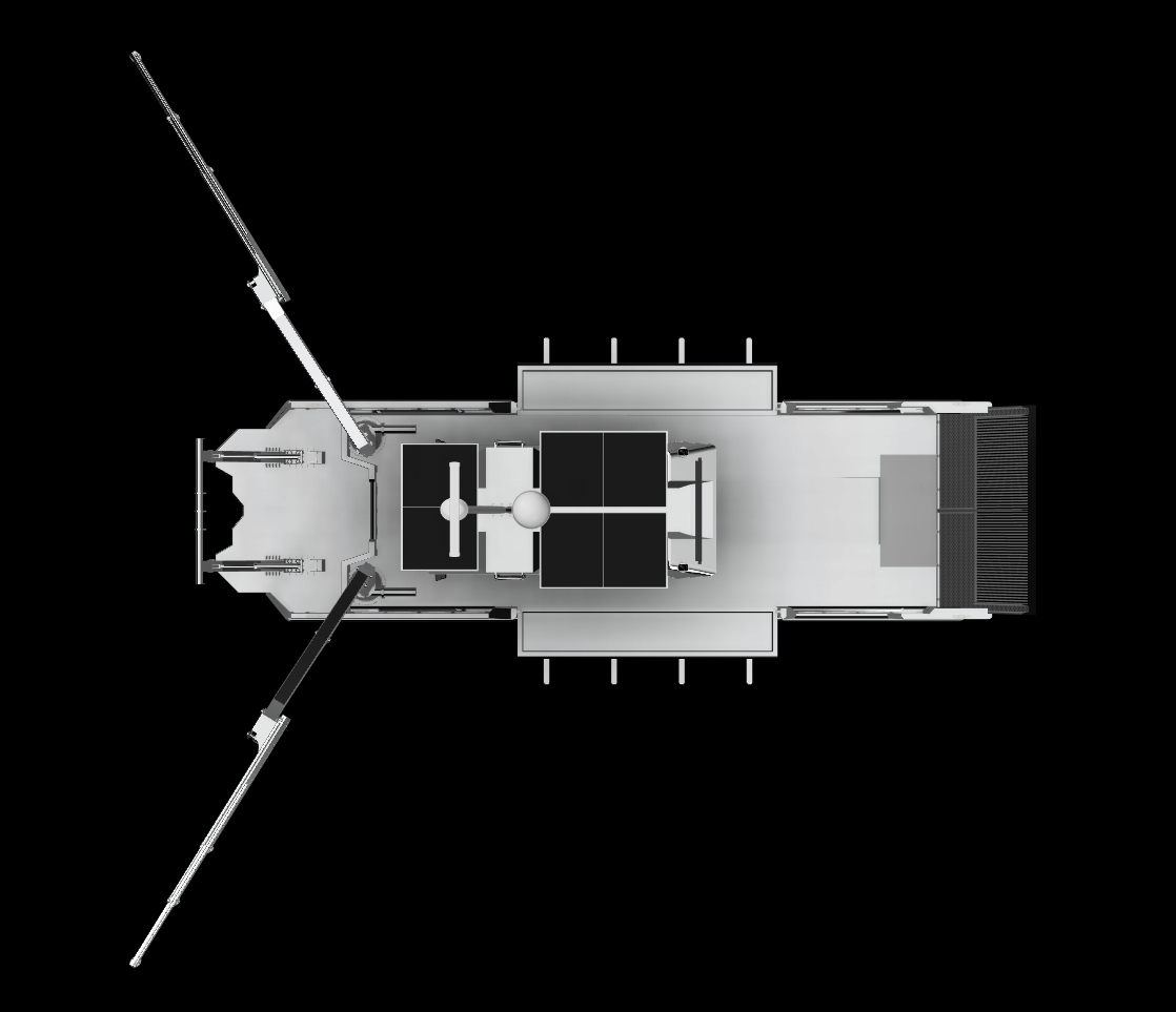 Top-down view of a spaceship or spacecraft with solar panels extending from the sides against a black background.