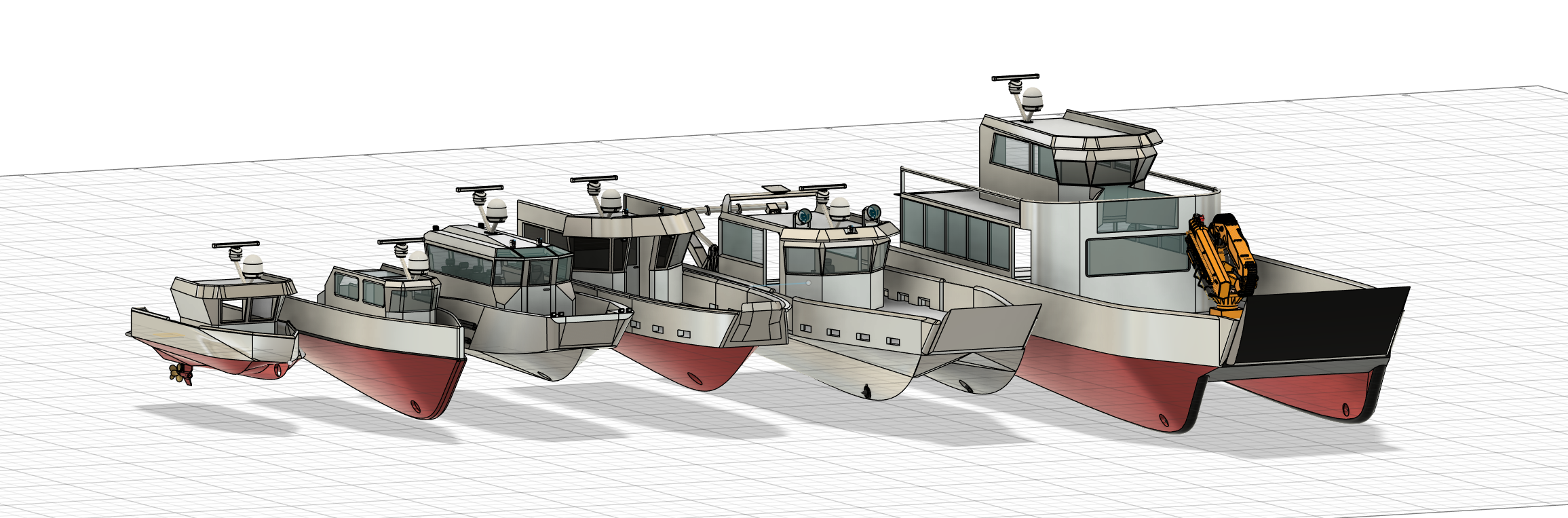 Illustration of various boats including small, medium, and large vessels docked together.