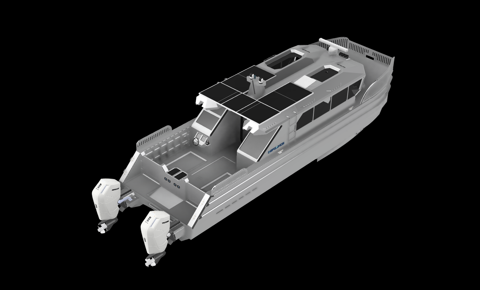 3D rendering of a modern motorboat with solar panels on the roof and twin outboard engines.