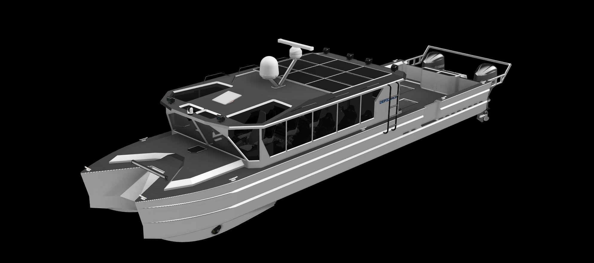A modern electric boat with a sleek design, featuring solar panels on the roof and a spacious deck, set against a black background.