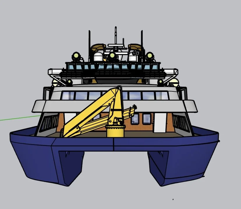 A digital drawing of a boat with a blue hull, yellow crane, and upper deck with antennas and equipment.