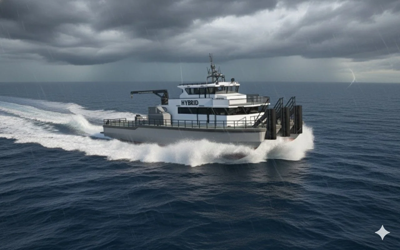 A white hybrid boat moving quickly through open water under a dark, stormy sky with rain and lightning in the distance.