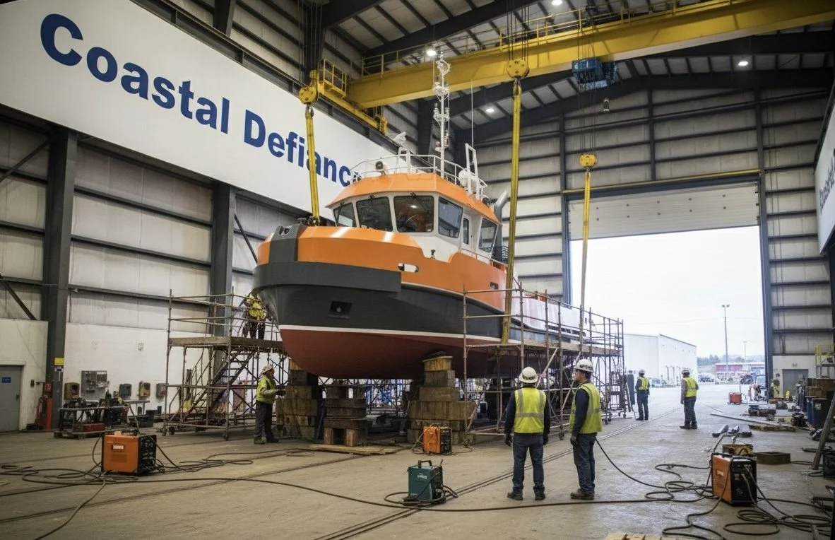 A large orange and black boat inside an industrial warehouse, lifted on wooden blocks, with several workers in safety vests and helmets around it.