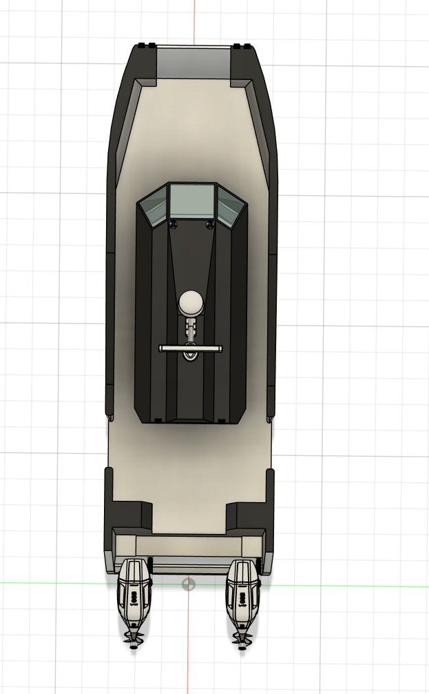 Top-down view of a boat with two outboard motors, a center console, and seating area.