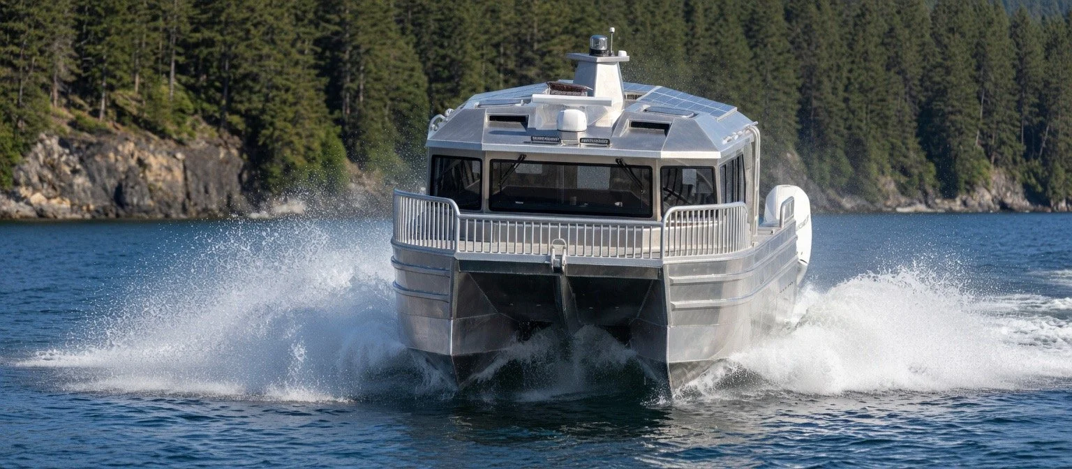 A modern silver boat cruising on water with a forested shoreline in the background.