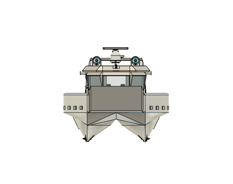Front view of a modern military boat with a gray hull, a cabin with windows, and mounted equipment on top.