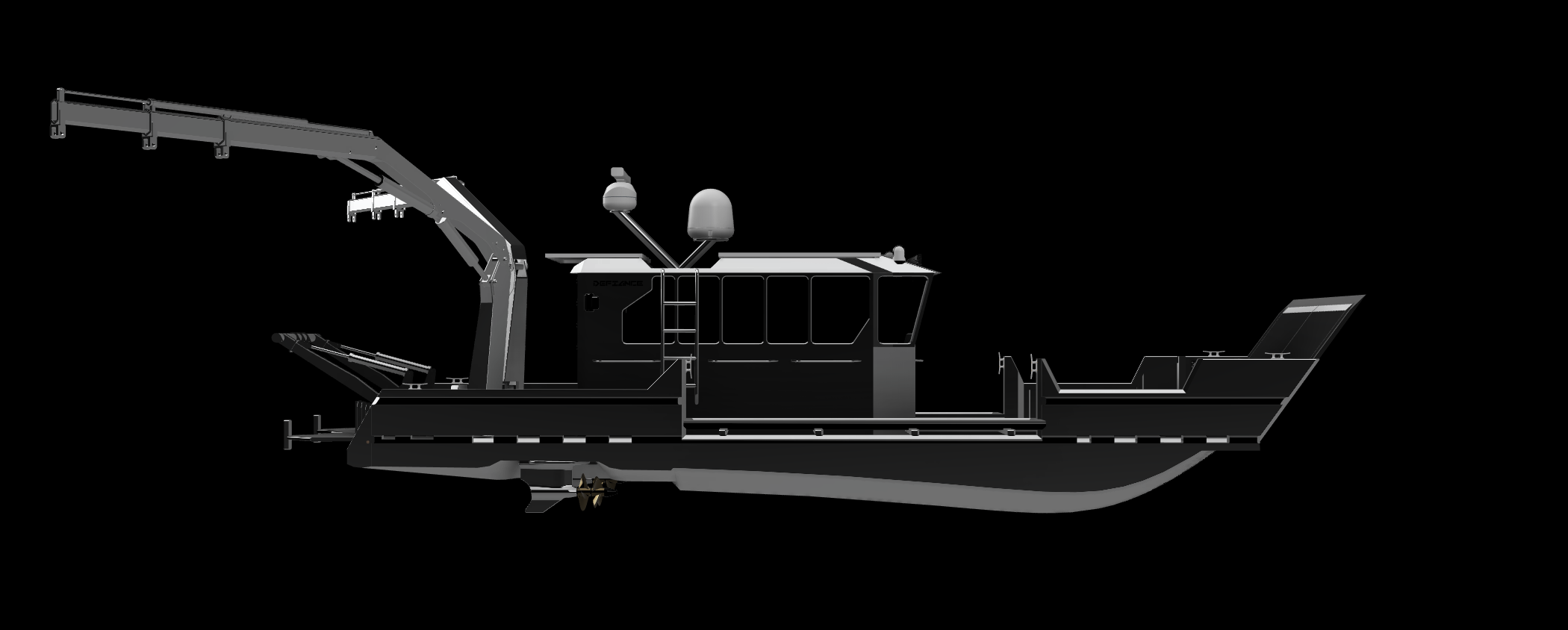 A digital rendering of a black rescue boat with a crane and radar equipment, isolated on a black background.
