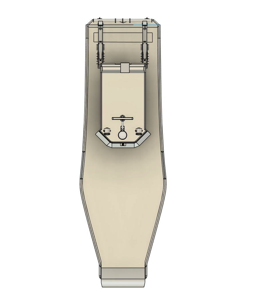Top-down view of a boat or ship with a central console and seating area.