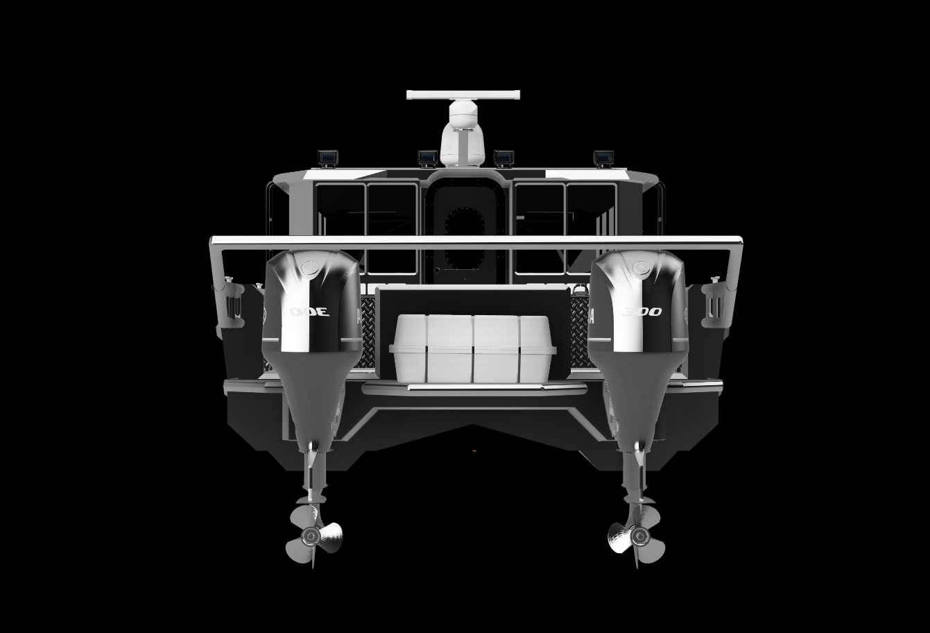 A black and white image of a modern boat or yacht seen from the front, featuring two outboard motors and a spacious deck area.