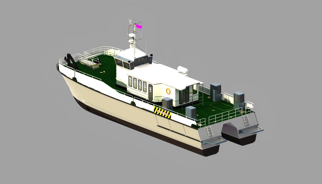 A digital model of a small boat with a white hull, green deck, and enclosed cabin area. The boat has equipment on the deck, including a crane, and a pink flag on the antenna mast. It has two rear propellers and safety railings around the edges.