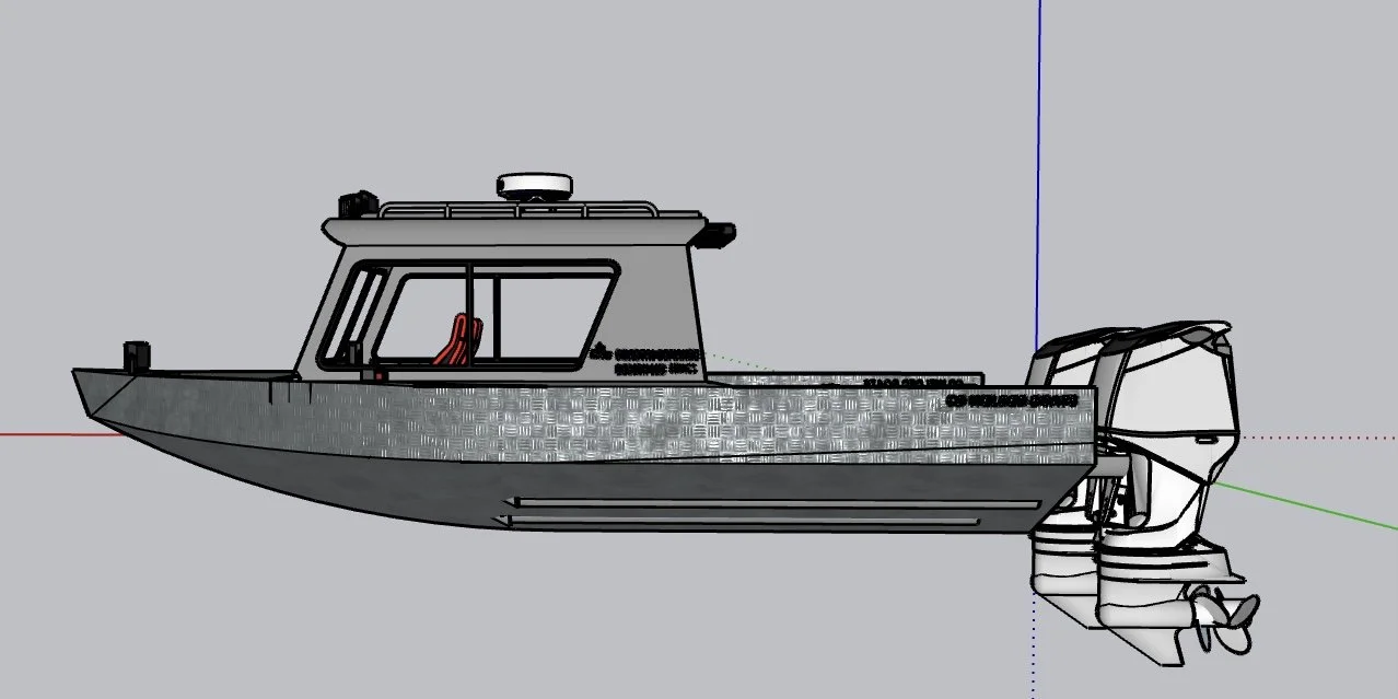 A digital 3D rendering of a powerboat with twin outboard engines, a cabin with a windowed enclosure, and a roof rack on top, with a metallic textured side panel.