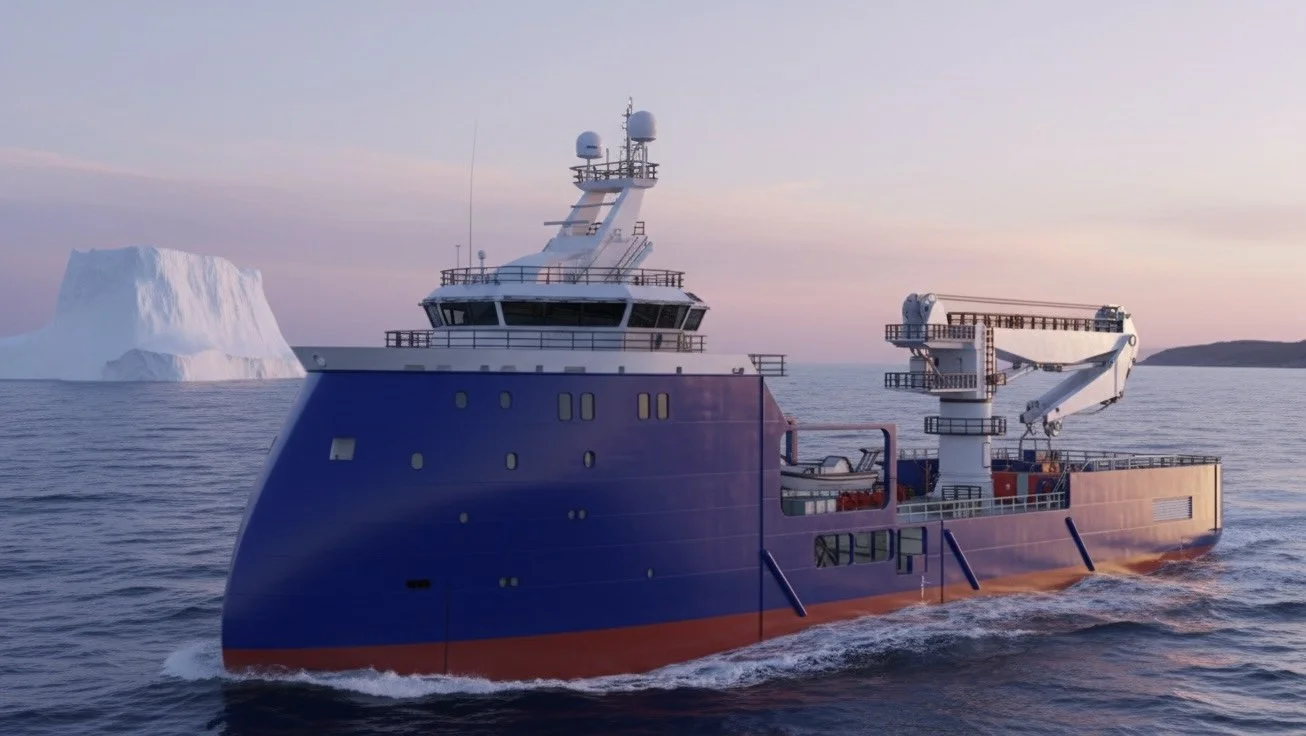 A research ship sailing in icy waters with an iceberg visible in the background during sunset.