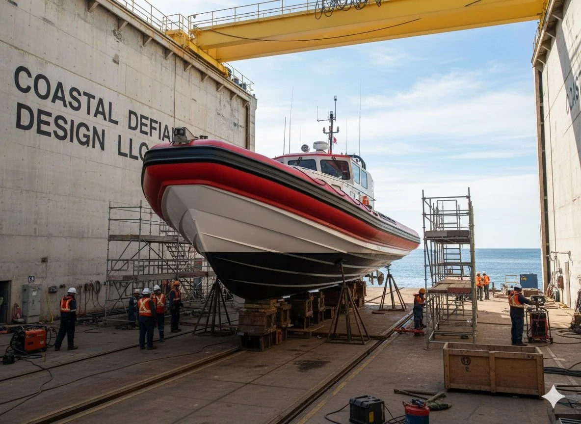 A large rescue boat in dry dock for maintenance at a shipyard, with workers wearing safety gear.