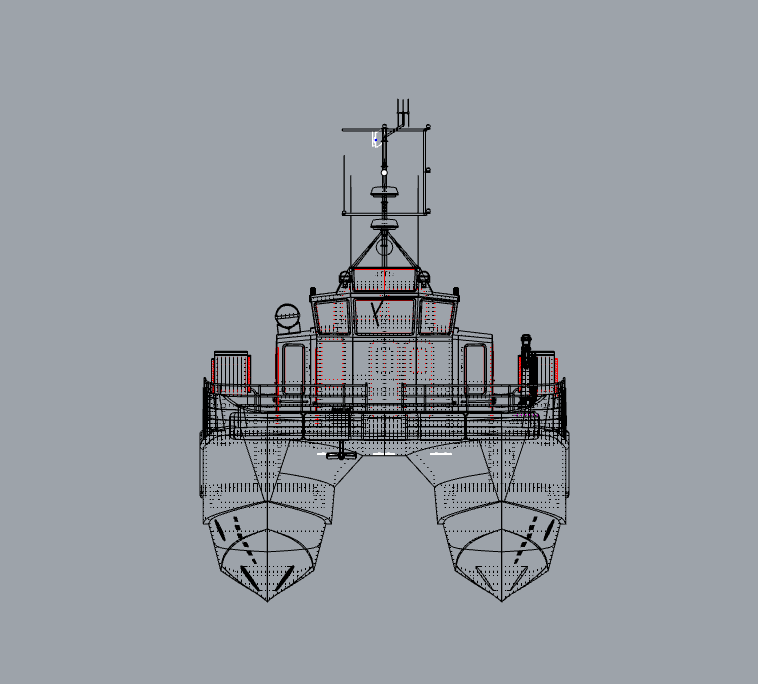 A detailed technical drawing of a boat or ship viewed from the front, showing various parts and structures including the deck, hull, and communication antennas.