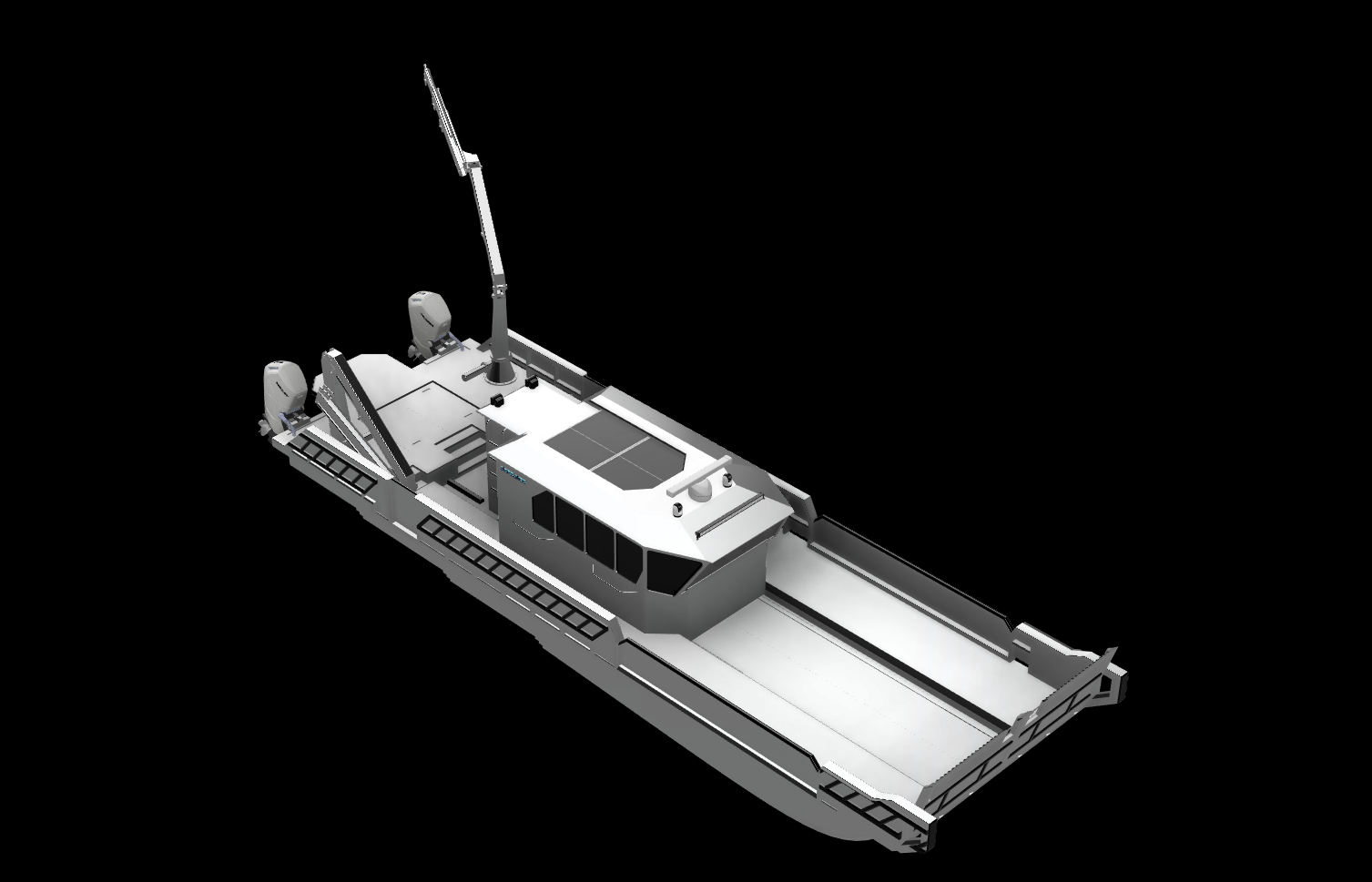A digital rendering of a modern autonomous boat with a sleek, white design, featuring a control cabin, two engines, and a deck area, isolated on a black background.