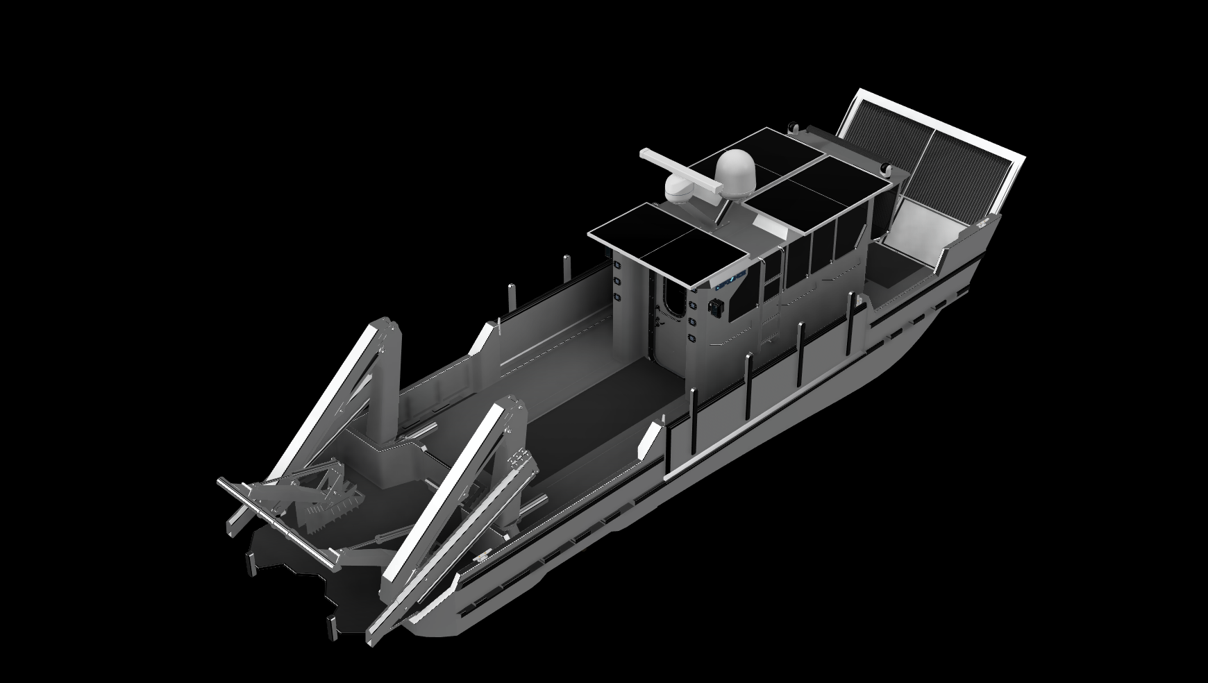 A digital rendering of a robot or mechanical vehicle, with a sleek metallic design, multiple panels, and components resembling sensors, cameras, and control systems, displayed on a black background.