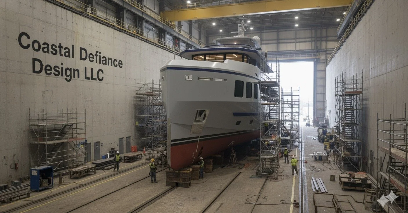 A large yacht inside a shipbuilding warehouse under construction, surrounded by scaffolding and workers.