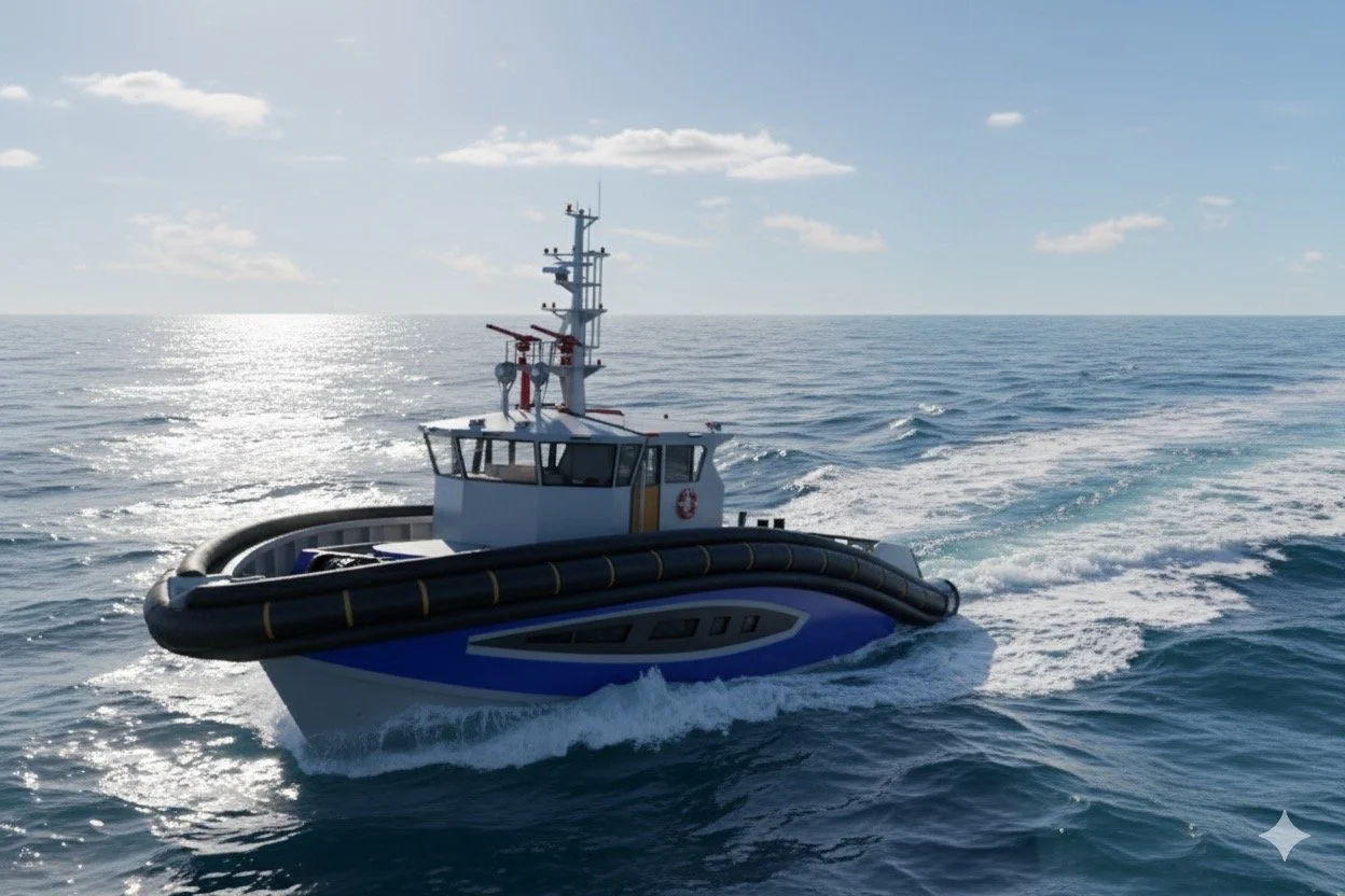 A modern gray and blue rescue boat with a black bumper flying across the ocean on a sunny day.