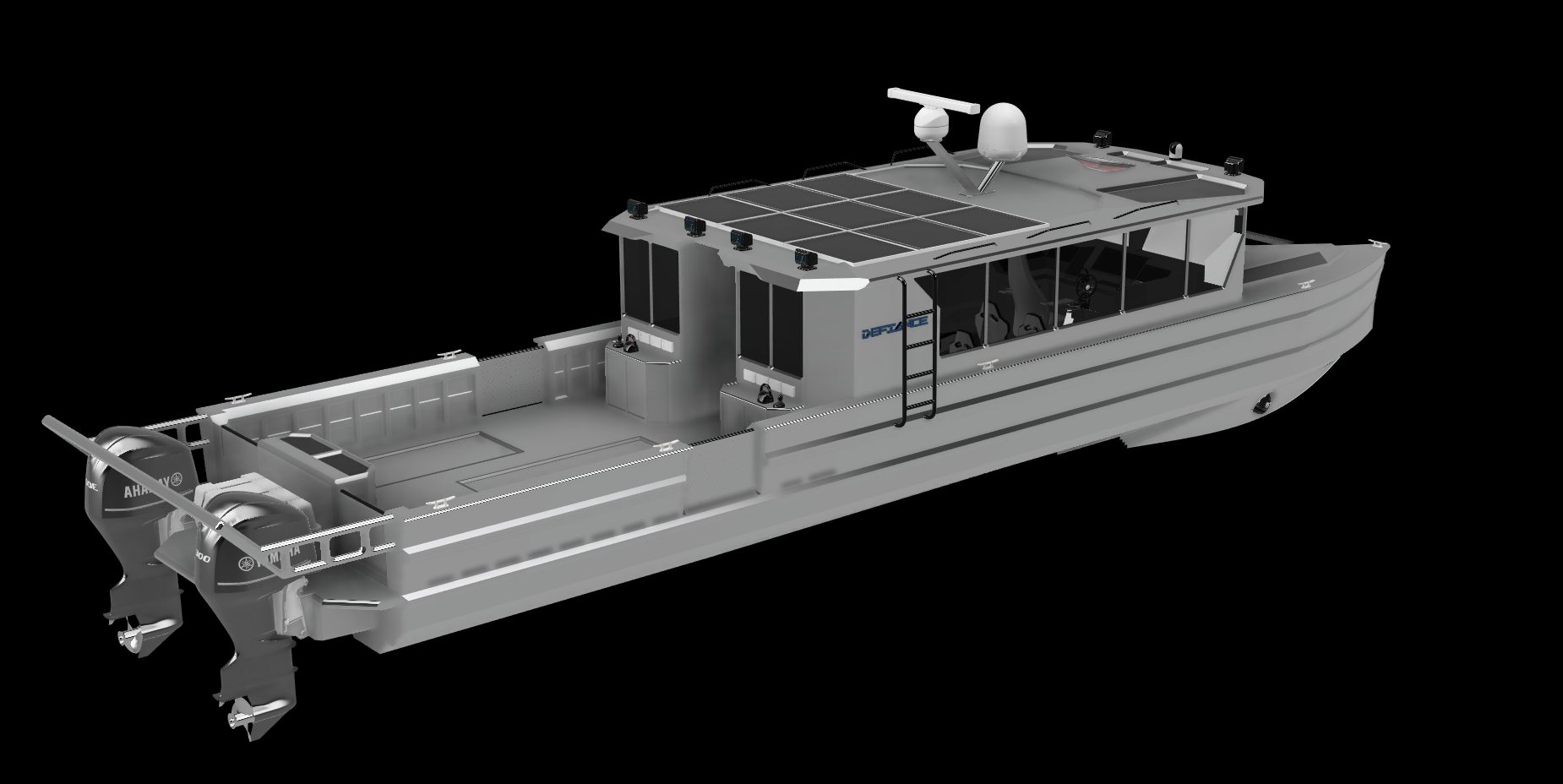 A gray patrol boat with a flat deck, solar panels on top of the cabin, and twin outboard motors at the stern, viewed from a three-quarter angle on a black background.