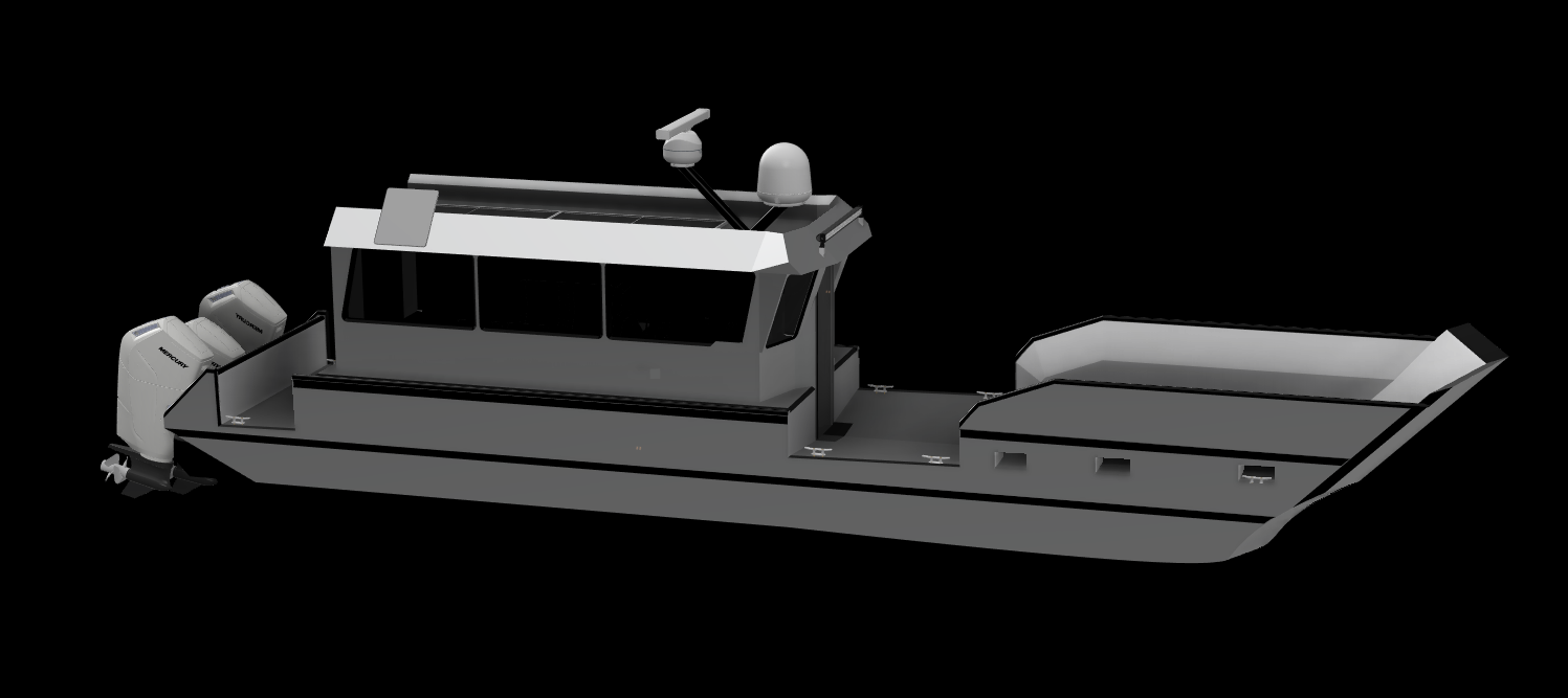 3D model of a gray boat with a small cabin, two outboard motors, and an open deck area at the front, set against a black background.
