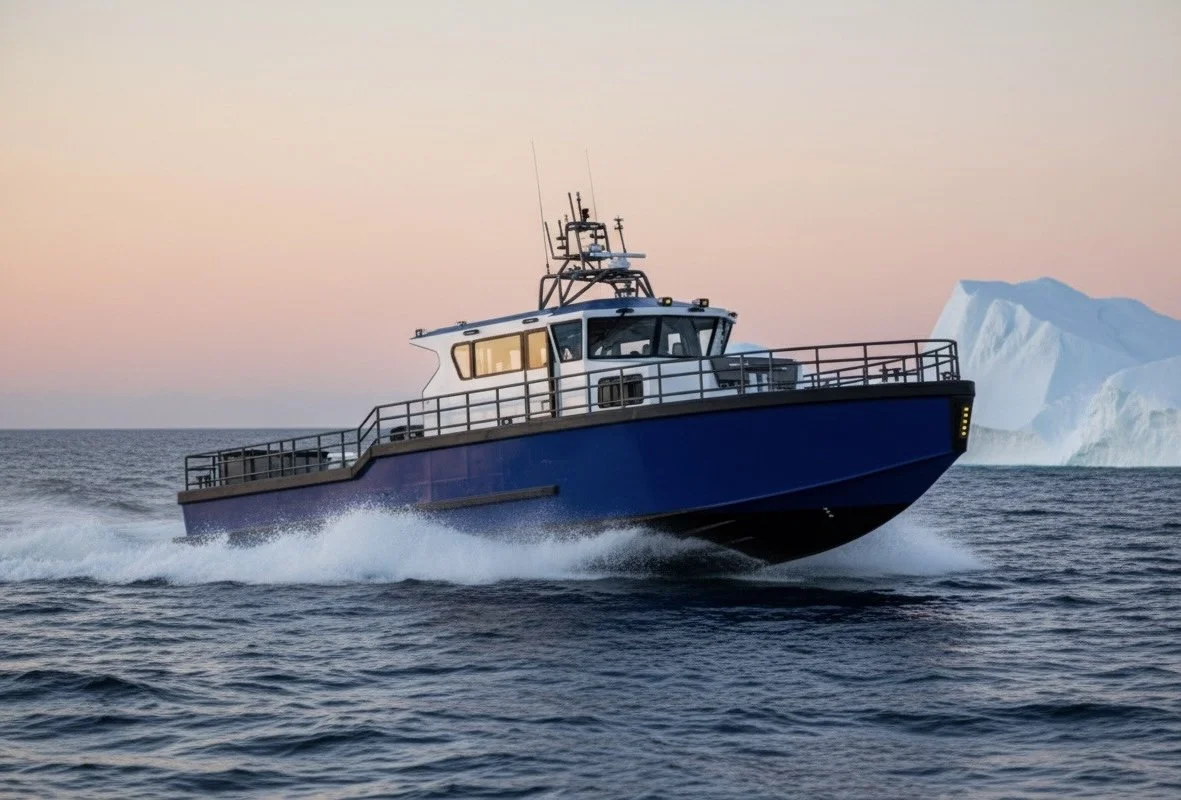 A blue boat speeding through icy waters near large icebergs during sunset or sunrise.