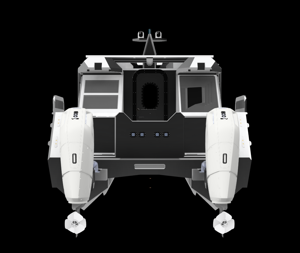 Front view of a futuristic spacecraft with large engines, on a black background.
