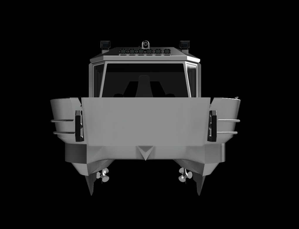 Front view of a modern, gray naval vessel with a sleek design, featuring radar equipment and antennas on top, set against a black background.