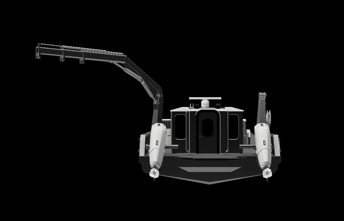 A robotic vehicle with a large arm extending from its side, set against a black background.