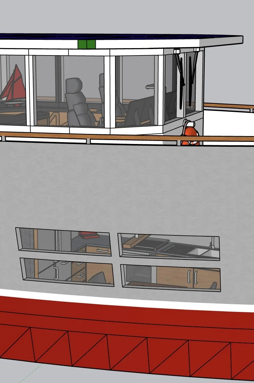 A digital illustration of a boat's bridge and interior, showing the upper control cabin with chairs and windows, and the lower decks with kitchen and storage areas, all in a stylized, cartoon-like drawing.
