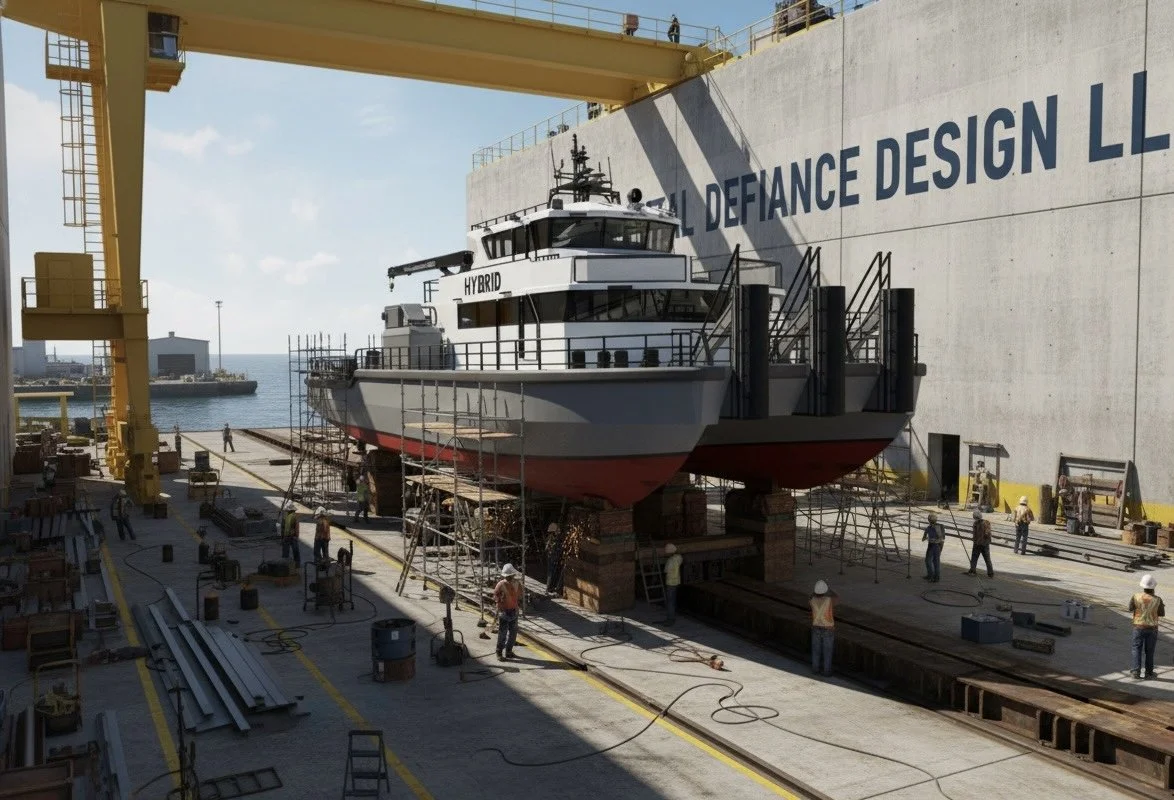 Ship under construction at a dockyard with scaffolding, workers, and a large wall with the text 'Defiance Design LLC' in the background.