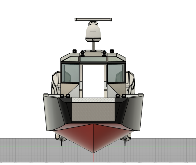 Front view of a boat or ship model with a red underside and glass windows, detailed with an antenna or mast on top.