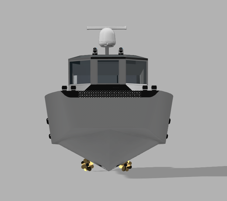 Front view of a gray military or surveillance boat with radar and cameras on top, and a black propeller at the bottom.