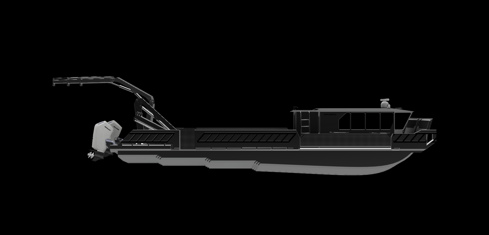 A futuristic hovercraft with a streamlined design, black and gray body, and a large radar or sensor on top, set against a black background.