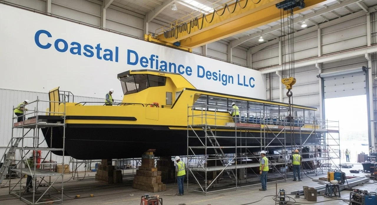 A large yellow boat inside a warehouse under construction, with workers in safety vests and helmets around it, and scaffolding supporting the boat during assembly.