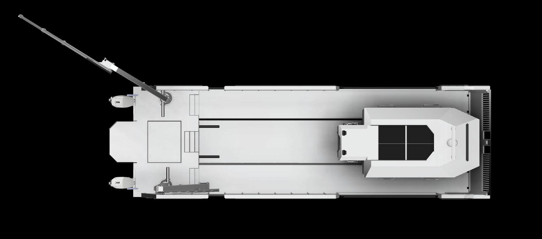 Top-down view of an automated guided vehicle (AGV) or warehouse robot with a long, rectangular frame, a control cabin at the front, and a robotic arm extending from the top.