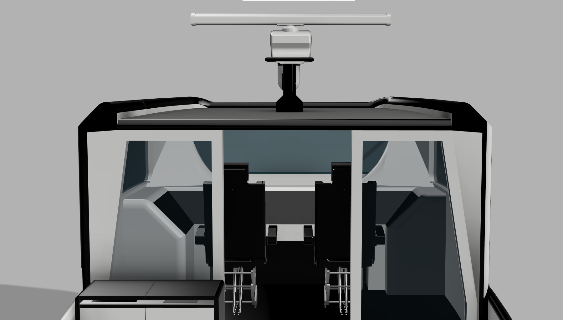 A digital rendering of a futuristic cockpit with multiple black seats, a large window, and a camera or sensor mounted at the top.
