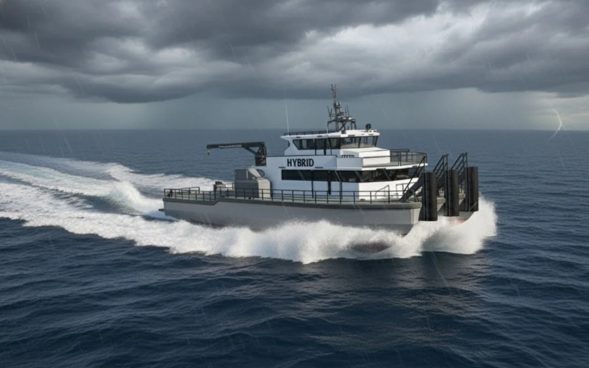 A hybrid patrol boat moving quickly through the ocean with dark storm clouds overhead.