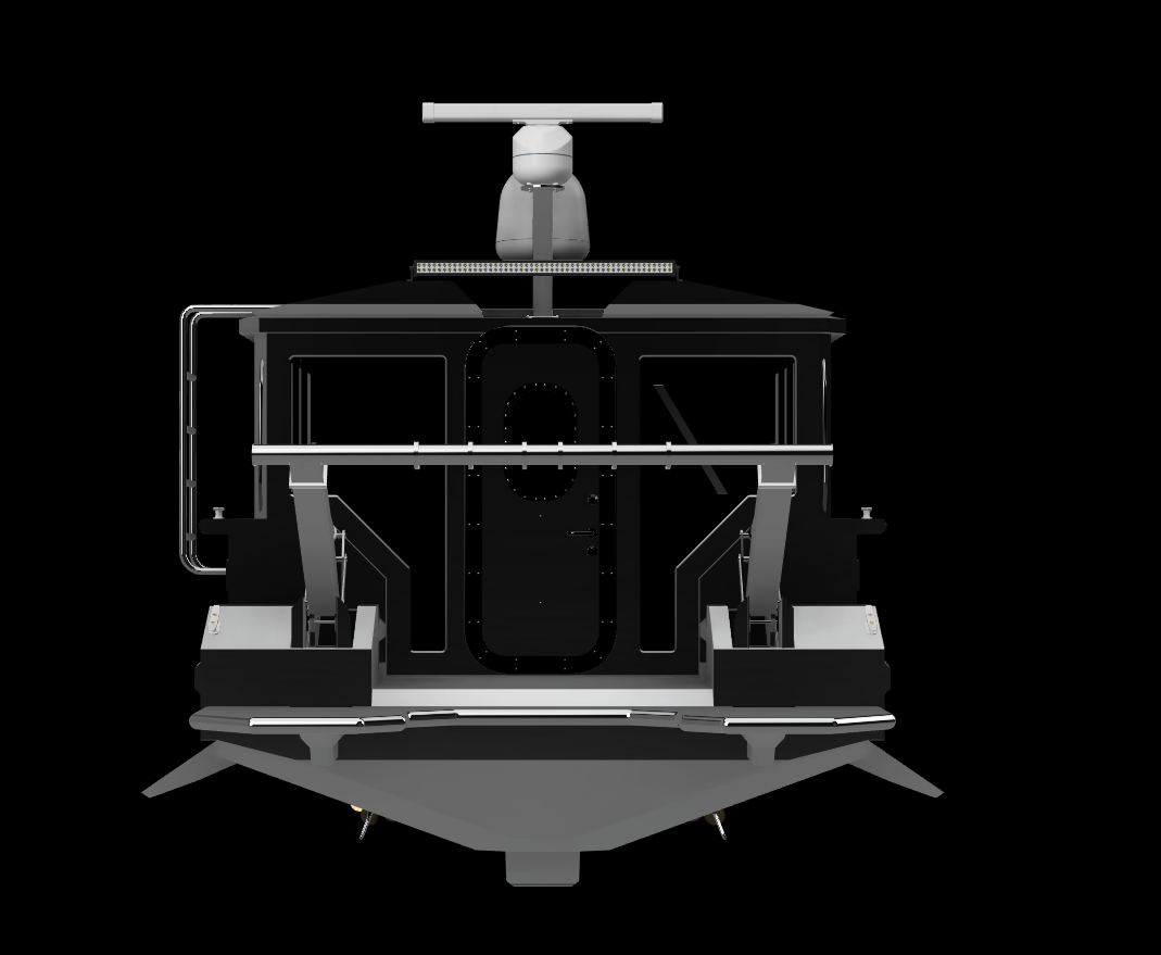 Front view of a helicopter cockpit with visible windshield, doors, and landing skids, showing the pilot's area.