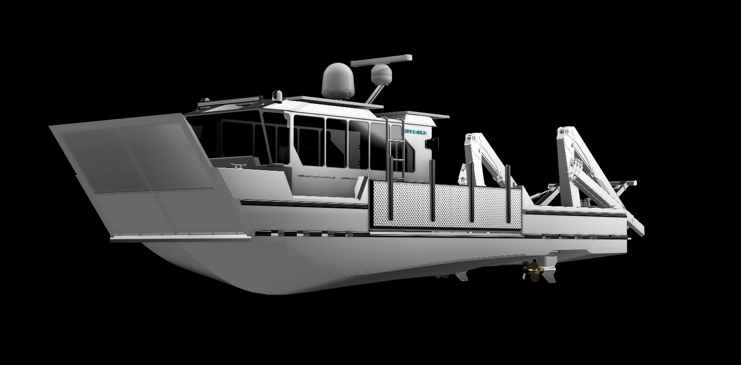 A modern unmanned boat with a sleek design, sensors, and antennas on top, featuring a flat deck with various mechanical arms and equipment, set against a black background.