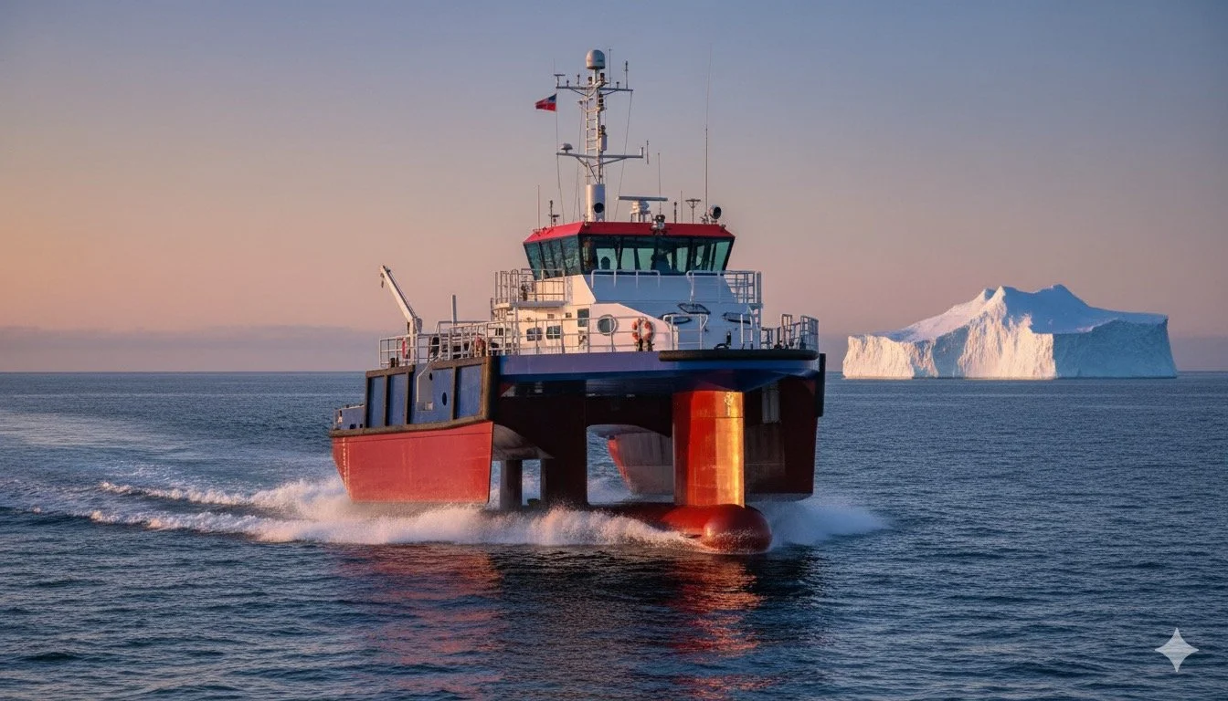 A large red and white icebreaker ship moving through icy waters with an iceberg in the background during sunset.