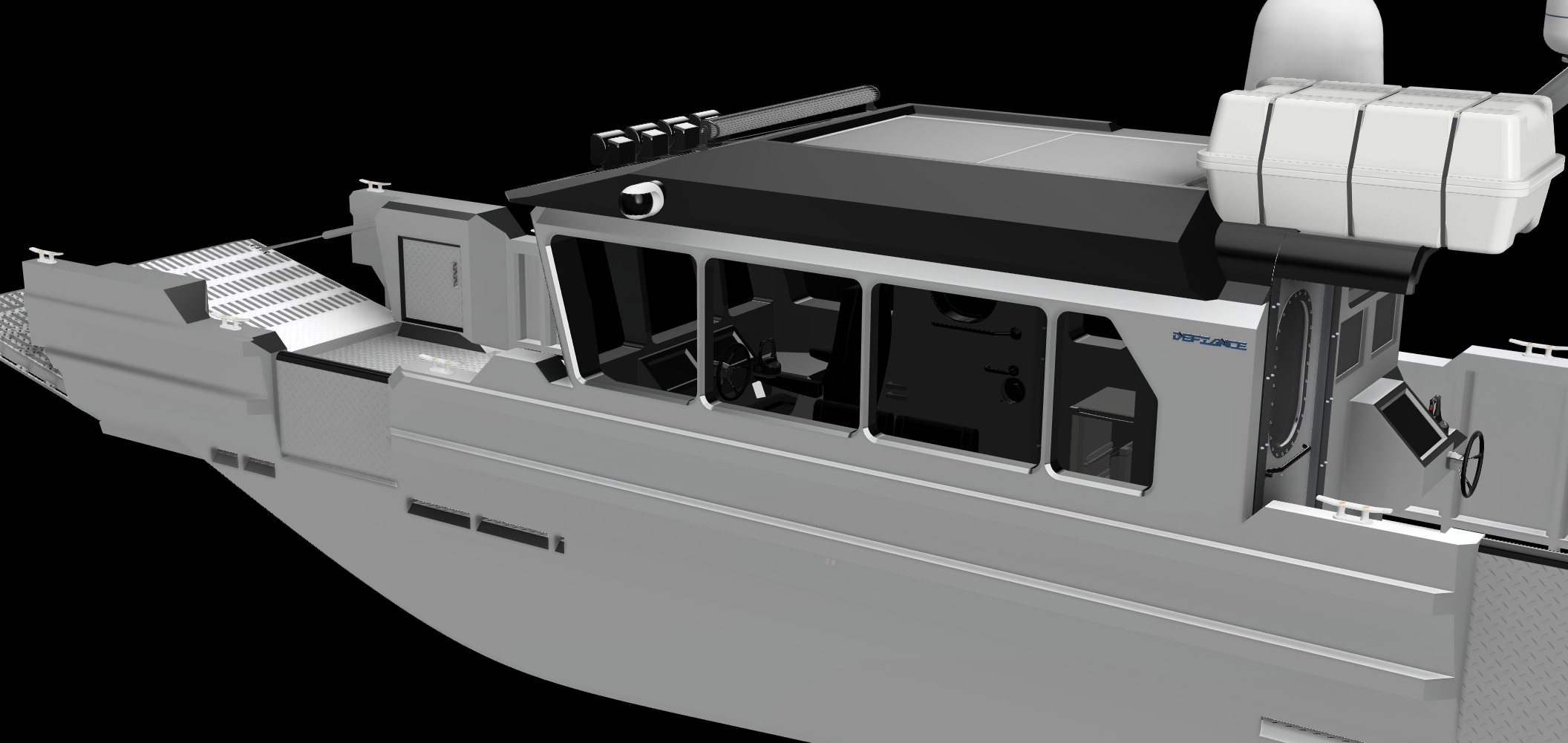 3D rendering of a modern boat with a glass cabin, outdoor deck, and equipment on the roof.
