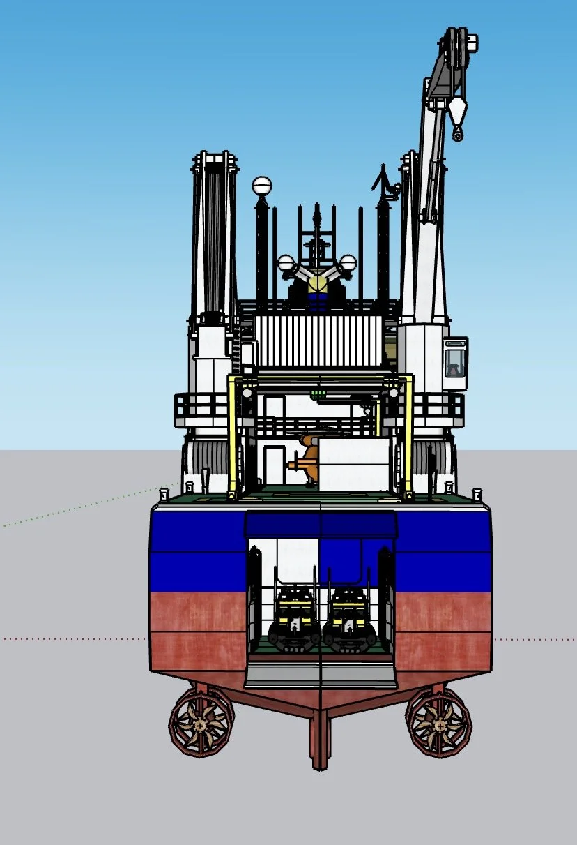 A colorful model of a ship with a blue and red hull, featuring a crane, railings, and various details, set against a clear blue sky.