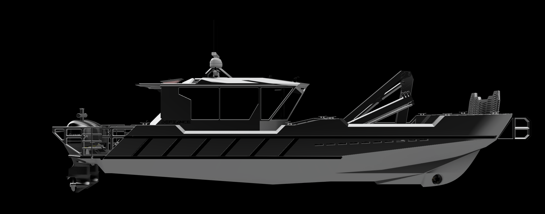 A digital rendering of a modern, black and gray boat with sleek design and a cabin in the center, set against a black background.