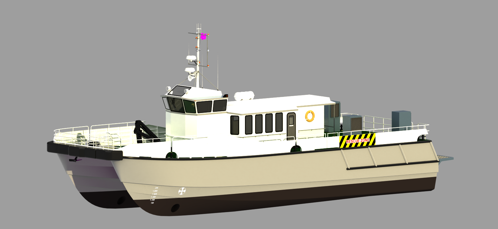 A white rescue boat with a black hull, equipped with antennas, radar, and communication devices, featuring rescue markings and a controlled zone sign, floating on water.