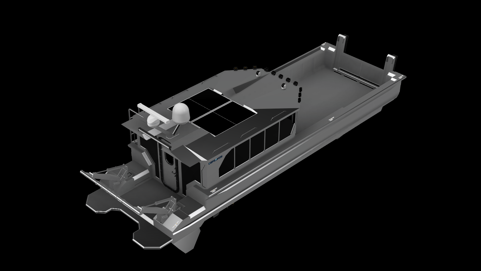 3D model of a futuristic, robotic manufacturing or research vessel with a streamlined black and gray design, various sensors, and antennas on the roof, displayed against a black background.